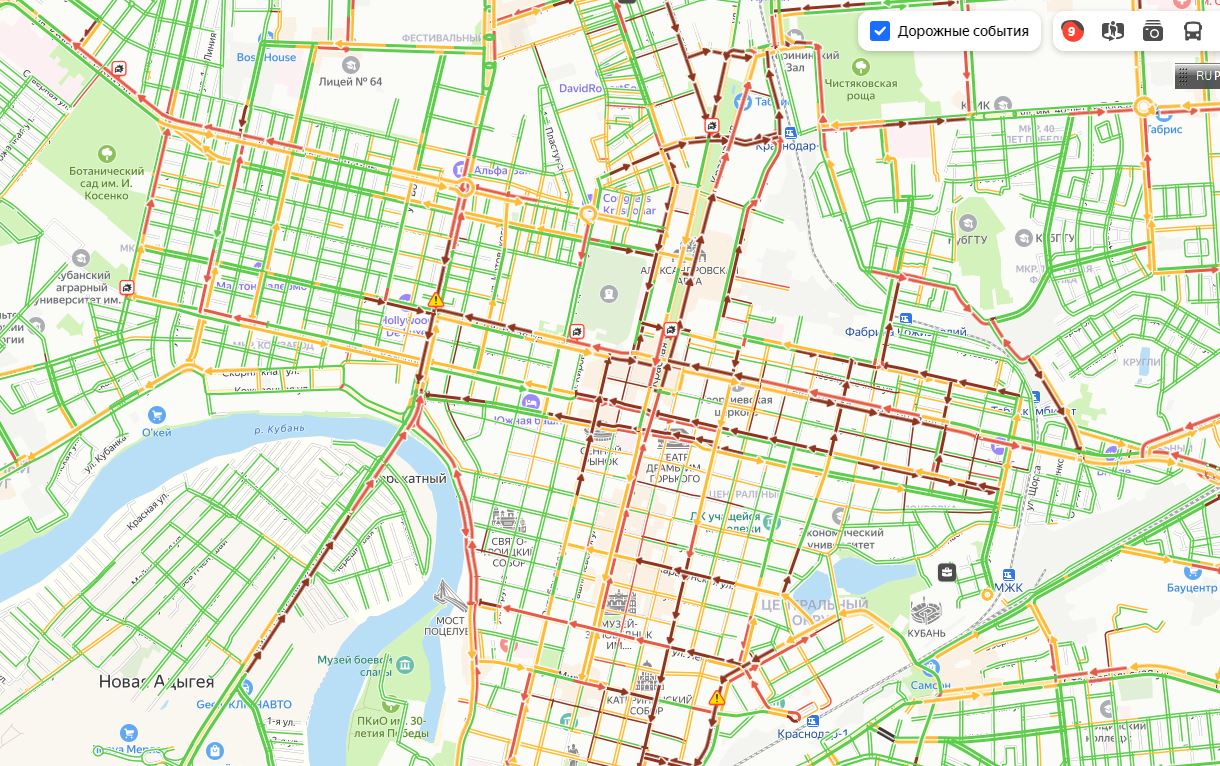 Вечером 27 октября Краснодар встал в 9-балльных пробках